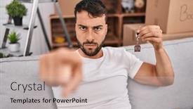  Presentation with keys - Presentation design enhanced with handsome-hispanic-man-holding-keys background and a  colored foreground