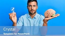  Presentation with simple idea - Slide deck with handsome-hispanic-man-holding-lightbulb background and a teal colored foreground