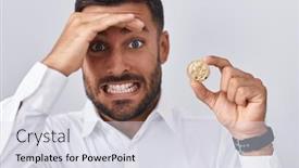  Presentation with litecoin - PPT theme with handsome-hispanic-man-holding-litecoin background and a sky blue colored foreground