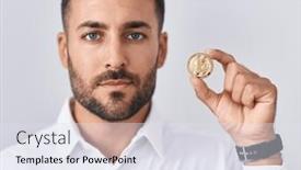  Presentation with litecoin - Presentation theme with handsome-hispanic-man-holding-litecoin background and a sky blue colored foreground