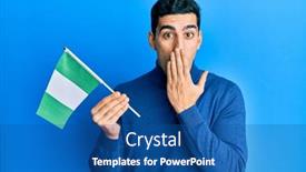  Presentation with woman covering man mouth hand - Beautiful slide set featuring handsome-hispanic-man-holding-nigeria backdrop and a ocean colored foreground