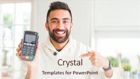  Presentation with terminal - Colorful presentation theme enhanced with handsome hispanic man holding point backdrop and a lemonade colored foreground