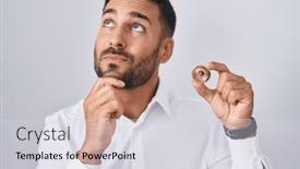  Presentation with cryptocurrency - Presentation consisting of handsome-hispanic-man-holding-polkadot background and a light gray colored foreground