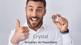  Presentation with cryptocurrency - Presentation featuring handsome-hispanic-man-holding-polkadot background and a sky blue colored foreground