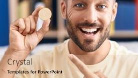  Presentation with monero cryptocurrency hologram coin form - Slides having handsome-hispanic-man-holding-tron background and a coral colored foreground