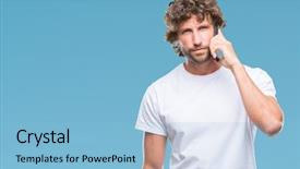  Presentation with face expression recognition - Slide deck with handsome hispanic man model talking background and a light blue colored foreground