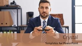  Presentation with video games playing - PPT theme with handsome-hispanic-man-playing-video background and a coral colored foreground