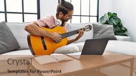 Presentation with living room - PPT layouts consisting of handsome-hispanic-man-practicing-guitar background and a coral colored foreground