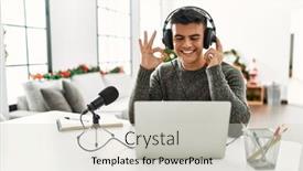  Presentation with podcast - Presentation featuring handsome-hispanic-man-recording-podcast background and a light gray colored foreground