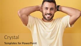  Presentation with stretching - Presentation theme featuring handsome-hispanic-man-standing-over background and a yellow colored foreground
