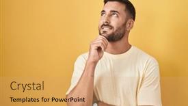  Presentation with question - Slides consisting of handsome-hispanic-man-standing-over background and a  colored foreground