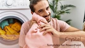  Presentation with laundry room - PPT theme consisting of handsome-hispanic-man-touching-soft background and a coral colored foreground