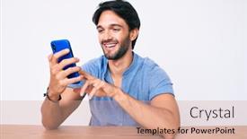  Presentation with standing sitting - Audience pleasing PPT theme consisting of handsome-hispanic-man-using-smartphone backdrop and a coral colored foreground