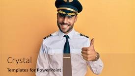  Presentation with airplane pilot - Audience pleasing PPT layouts consisting of handsome-hispanic-man-wearing-airplane backdrop and a coral colored foreground