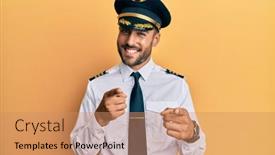  Presentation with airplane pilot - Amazing PPT layouts having handsome-hispanic-man-wearing-airplane backdrop and a coral colored foreground