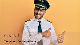  Presentation with airplane pilot - Amazing PPT theme having handsome-hispanic-man-wearing-airplane backdrop and a coral colored foreground