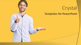  Presentation with hand palm - Colorful presentation theme enhanced with handsome-hispanic-man-wearing-business backdrop and a yellow colored foreground