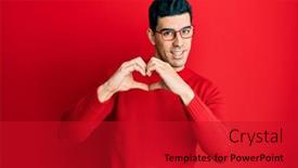  Presentation with heart hands - PPT theme having handsome-hispanic-man-wearing-casual background and a crimson colored foreground