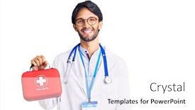  Presentation with first aid kit - Beautiful PPT theme featuring handsome-hispanic-man-wearing-doctor backdrop and a white colored foreground