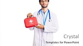 Presentation with first aid kit - PPT theme with handsome-hispanic-man-wearing-doctor background and a white colored foreground