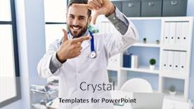  Presentation with medical smiling doctor - PPT theme with handsome-hispanic-man-wearing-doctor background and a  colored foreground