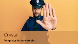  Presentation with hand palm - PPT theme featuring handsome-hispanic-man-wearing-police background and a gold colored foreground