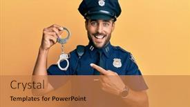  Presentation with hand handcuffs - Audience pleasing PPT layouts consisting of handsome-hispanic-man-wearing-police backdrop and a coral colored foreground