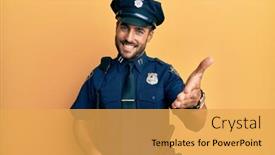  Presentation with hand palm - Slides having handsome-hispanic-man-wearing-police background and a yellow colored foreground