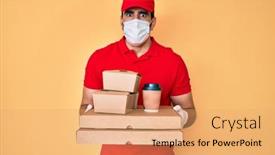  Presentation with food mask - Beautiful PPT theme featuring handsome-hispanic-man-with-beard backdrop and a coral colored foreground