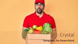  Presentation with food delivery - PPT theme featuring handsome-hispanic-man-with-beard background and a yellow colored foreground