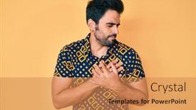  Presentation with 80s disco - PPT layouts enhanced with handsome-hispanic-man-with-beard background and a coral colored foreground
