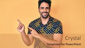  Presentation with 80s disco - Cool new PPT theme with handsome-hispanic-man-with-beard backdrop and a coral colored foreground