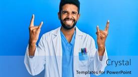  Presentation with old wite man and his music - Presentation design featuring handsome-hispanic-man-with-beard background and a light blue colored foreground