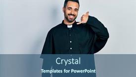  Presentation with hand shake telephone - Colorful slide set enhanced with handsome-hispanic-man-with-beard backdrop and a ocean colored foreground