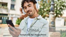  Presentation with music headphones - PPT theme featuring handsome-hispanic-man-with-beard background and a light gray colored foreground