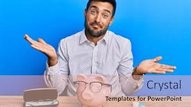  Presentation with saving - Beautiful PPT theme featuring handsome-hispanic-man-with-piggy backdrop and a coral colored foreground