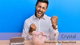  Presentation with saving - PPT theme with handsome-hispanic-man-with-piggy background and a coral colored foreground