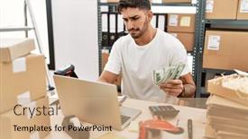  Presentation with working - Slide set enhanced with handsome-hispanic-man-working-doing background and a  colored foreground