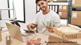  Presentation with working - Slide deck consisting of handsome-hispanic-man-working-doing background and a coral colored foreground