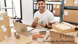  Presentation with working - PPT theme with handsome-hispanic-man-working-doing background and a coral colored foreground