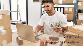 Presentation with working - Presentation design consisting of handsome-hispanic-man-working-doing background and a coral colored foreground