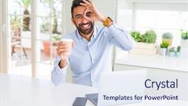  Presentation with cup coffee - Slide deck consisting of handsome hispanic man working using background and a sky blue colored foreground