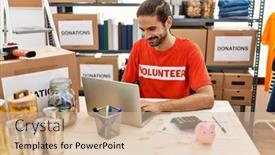  Presentation with volunteer - Slide set with handsome-hispanic-man-working background and a  colored foreground