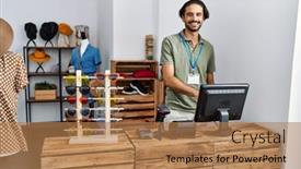  Presentation with working - Slide set enhanced with handsome-hispanic-man-working background and a coral colored foreground