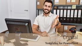  Presentation with working - PPT theme having handsome-hispanic-man-working background and a coral colored foreground