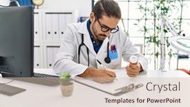  Presentation with working - Presentation theme having handsome-hispanic-man-working background and a  colored foreground