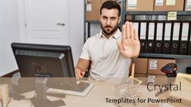  Presentation with hand palm - PPT theme consisting of handsome-hispanic-man-working background and a coral colored foreground