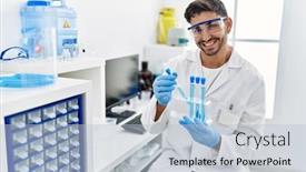  Presentation with test tubes - Presentation theme having handsome-hispanic-man-working background and a light blue colored foreground