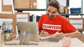  Presentation with volunteer - Slide set with handsome-hispanic-man-working background and a coral colored foreground
