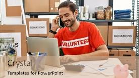  Presentation with volunteer - Presentation design enhanced with handsome-hispanic-man-working background and a soft green colored foreground